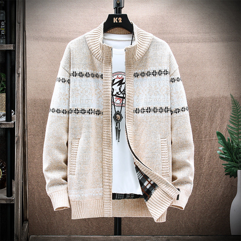 Men's Printed Stand-Collar Cardigan Jacket for Warmth Karis Fashions