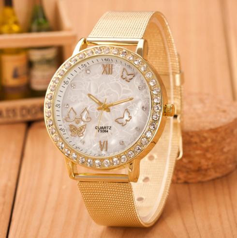 Geneva Watch with Gold Mesh Band and Double Row Diamonds Karis Fashions
