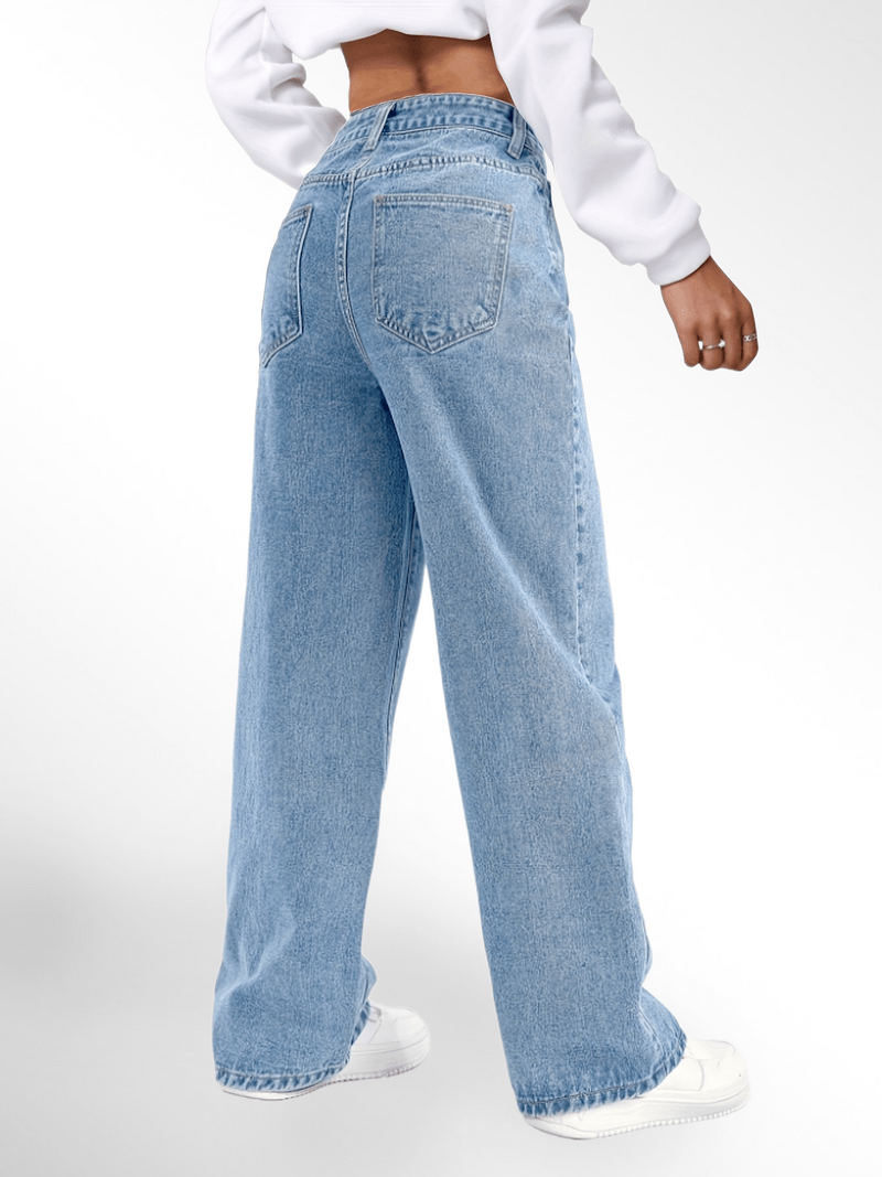 Blue High Waist Loose Fit Straight Leg Denim Jeans Karis Fashions