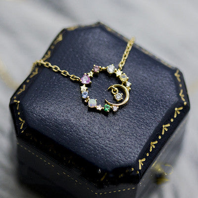 Cute Minimalist Star Moon Opal 925 Silver Gold Necklace Karis Fashions