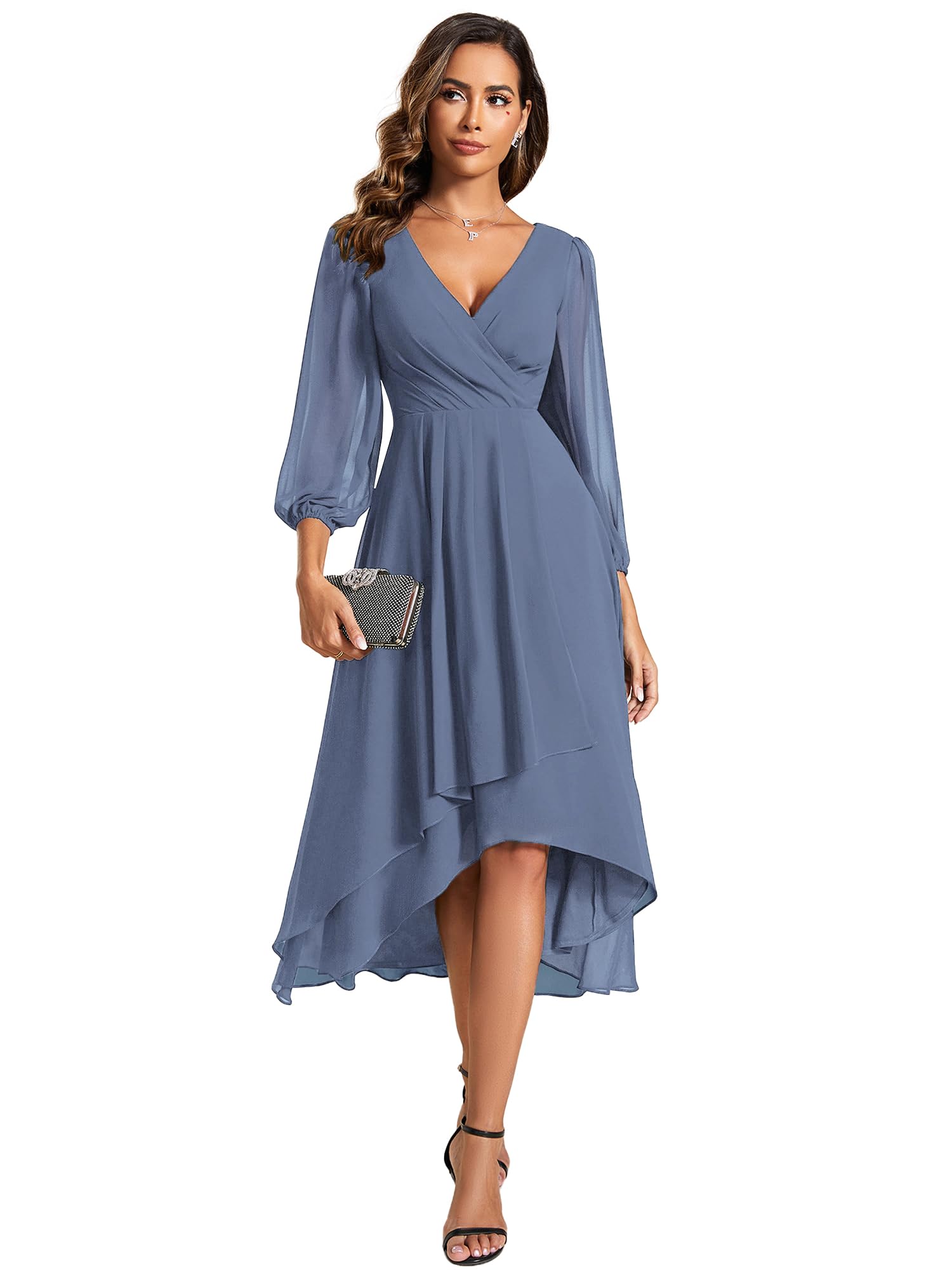 Ever-Pretty Womens Chiffon V Neck Long Sleeves Pleated A-Line Midi Wedding Guest Dress Dusty Navy US30 Karis Fashions