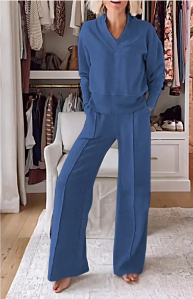 V-neck Long Sleeve Loose Top Wide Leg Pants Two-piece Set Karis Fashions