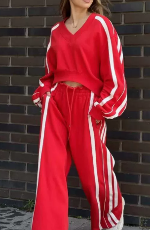 Casual V-Neck Striped Top & Wide Leg Pants Set (One Set) Karis Fashions