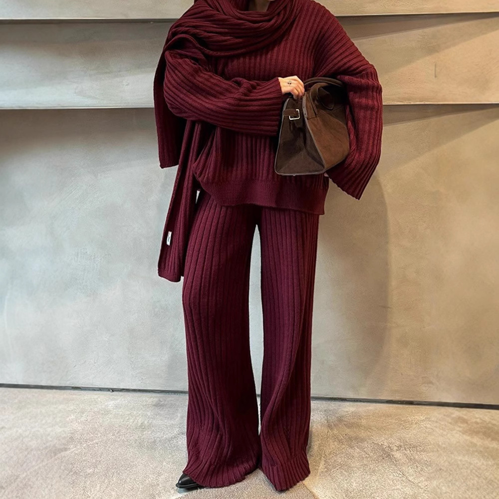 V-Neck Top & Wide Leg Pants Set with Scarf Karis Fashions