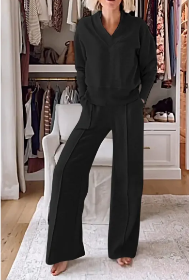 V-neck Long Sleeve Loose Top Wide Leg Pants Two-piece Set Karis Fashions