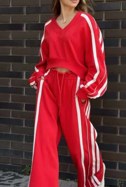 Casual V-Neck Striped Top & Wide Leg Pants Set (One Set) Karis Fashions
