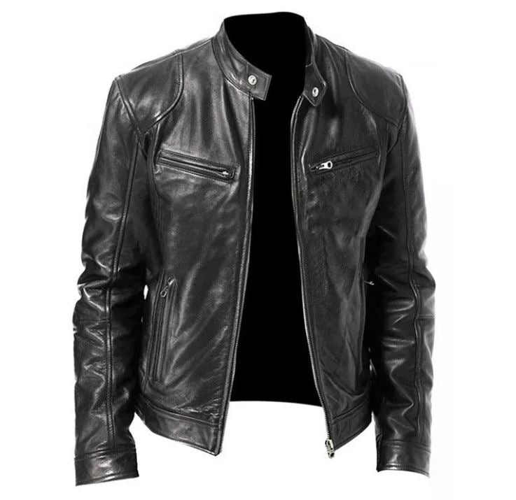 Men's Zip Cardigan PU Leather Jacket With Stand Collar Karis Fashions