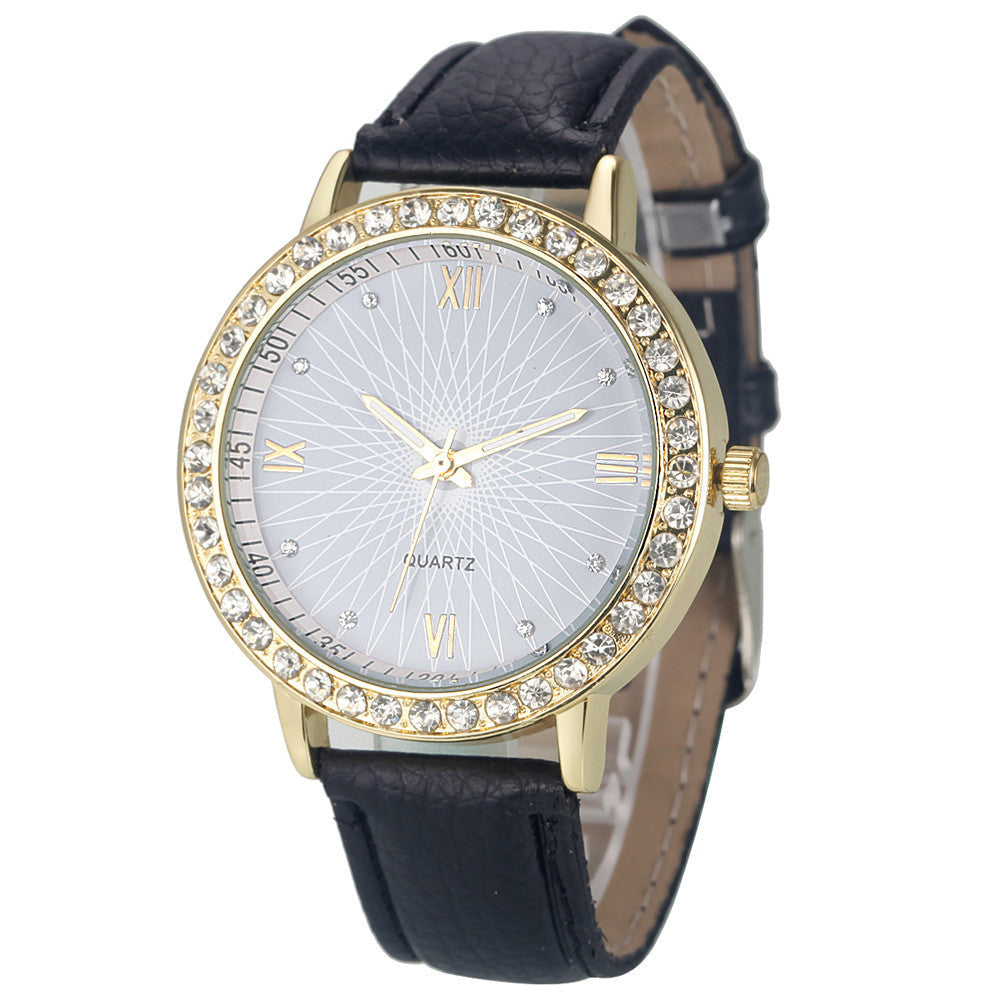 Rhinestone Quartz Watch, Geneva Style, Leather Band Karis Fashions