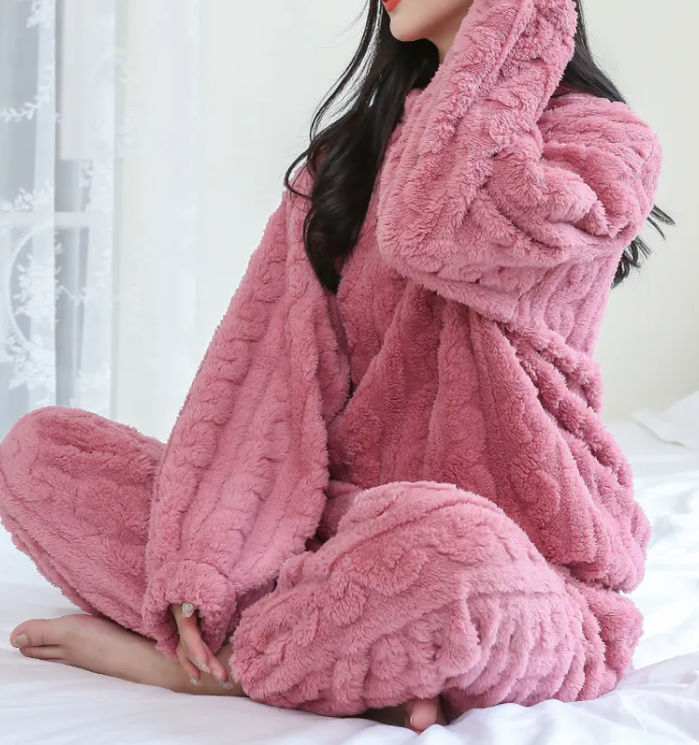 Winter Coral Velvet Pajama Set – Warm Pullover & Pants Karis Fashions