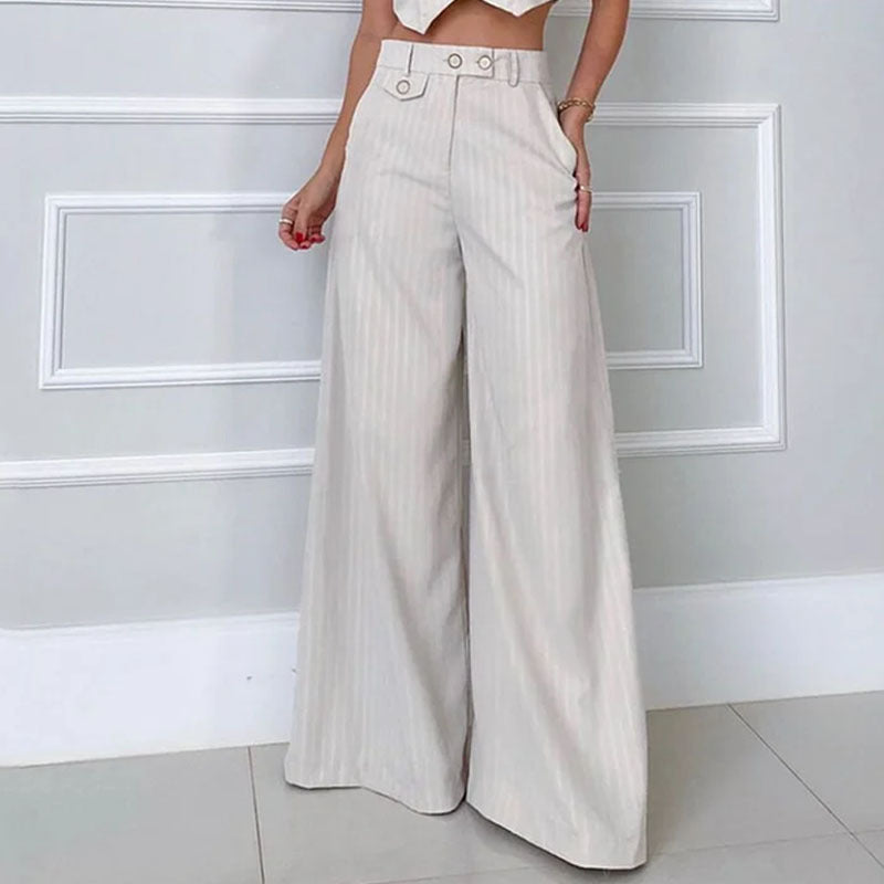 2023 Fashionable Striped V-Neck Wide-Leg Pants Set Karis Fashions