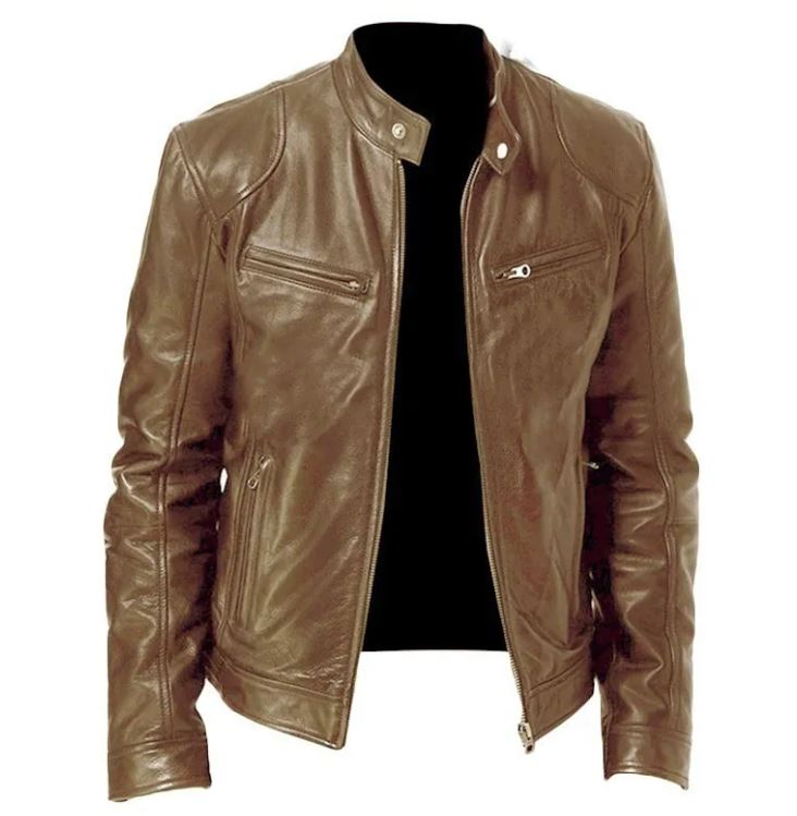 Men's Zip Cardigan PU Leather Jacket With Stand Collar Karis Fashions