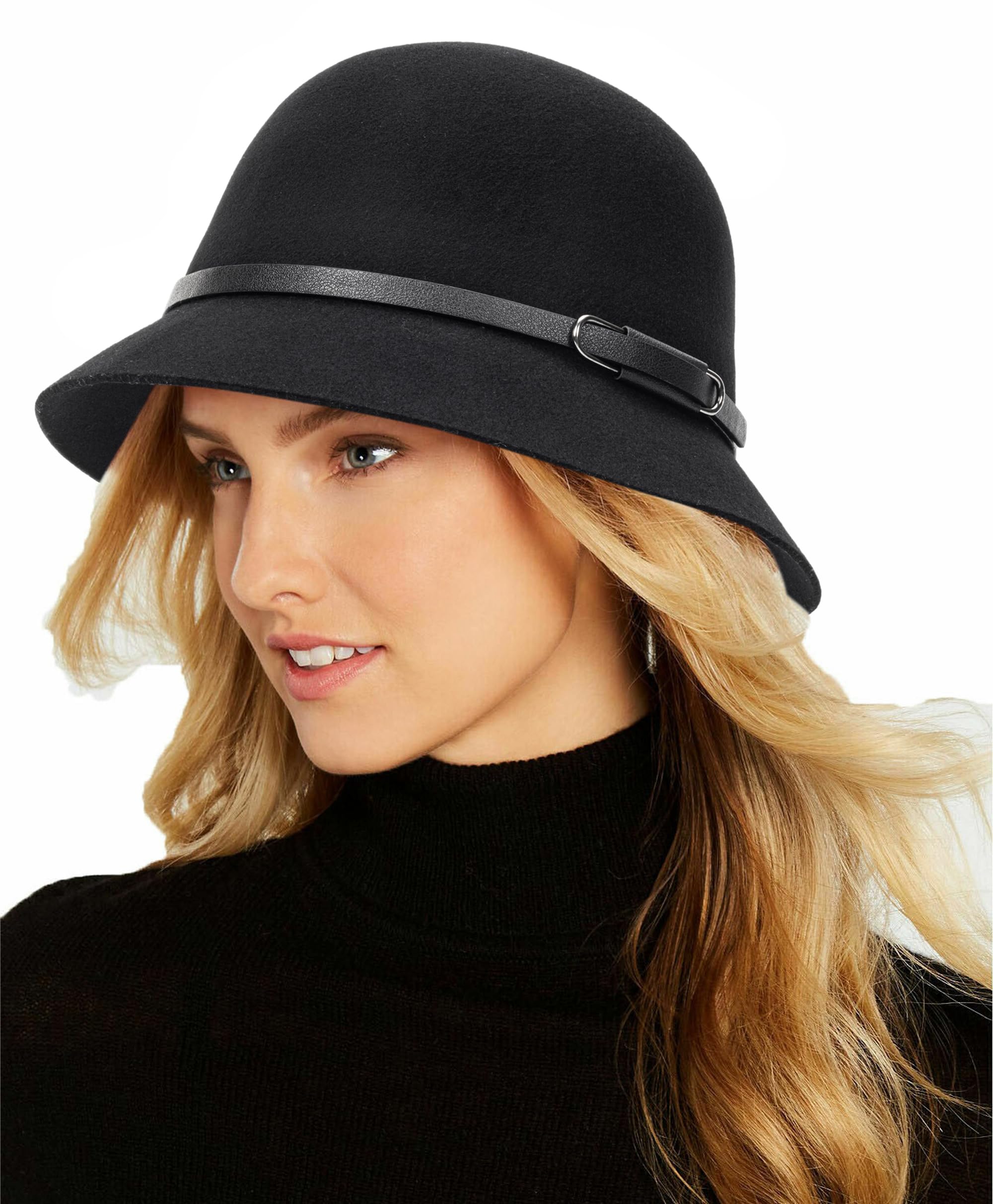 Women 1920s Classic Wool-Felt-Cloche Church-Hat Crushable Round-Bowler-Hat Derby Hat Party Black Karis Fashions