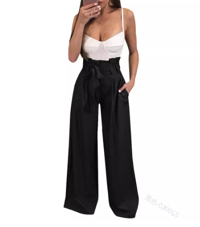 High-Waisted Lace-Up Casual Wide-Leg Pants (One Piece) Karis Fashions