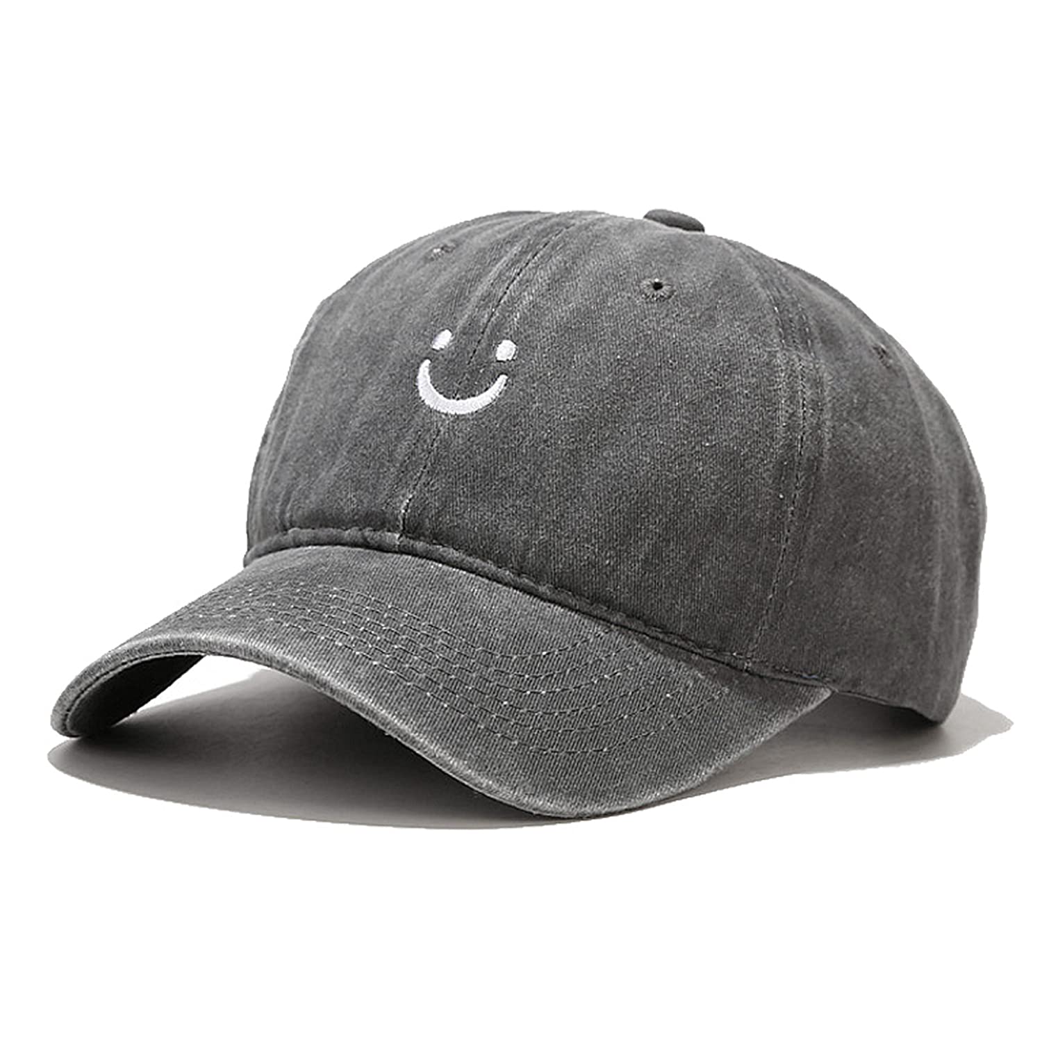 Smile Face Baseball Cap Vintage Distressed Low Profile Unstructured Cotton Dad Hat Adjustable for Women Men (Grey) Karis Fashions