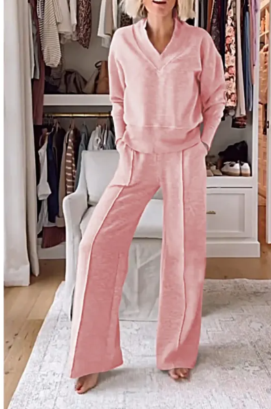 V-neck Long Sleeve Loose Top Wide Leg Pants Two-piece Set Karis Fashions