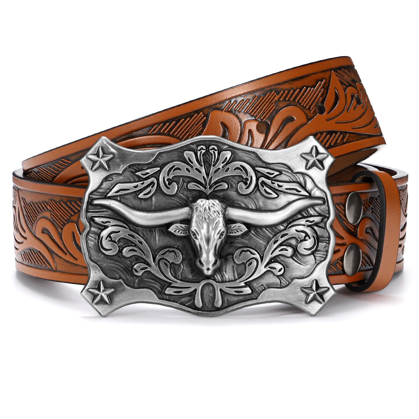 SANSTHS Cowboy Belt Western Belts for Men Women Western Leather Belt Cowboy Cowgirl Belt Embossed Leather Belt for Jeans Silvery Bull/Brown Belt Karis Fashions