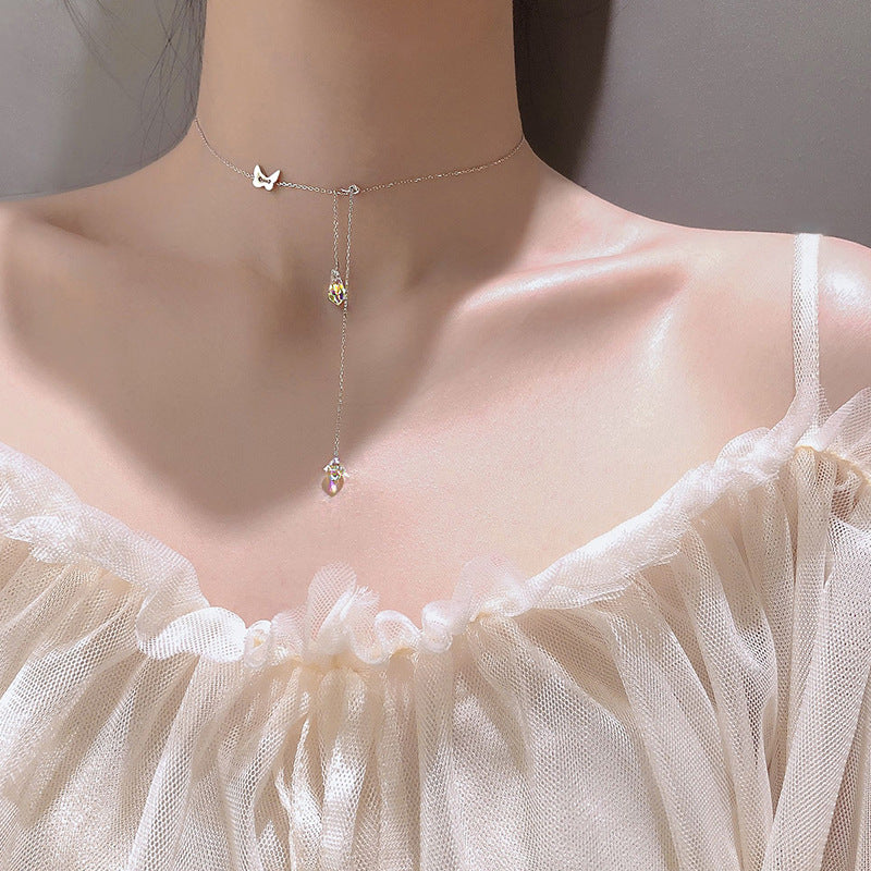 925 Silver Butterfly Waterdrop Tassel Necklace for Women Karis Fashions
