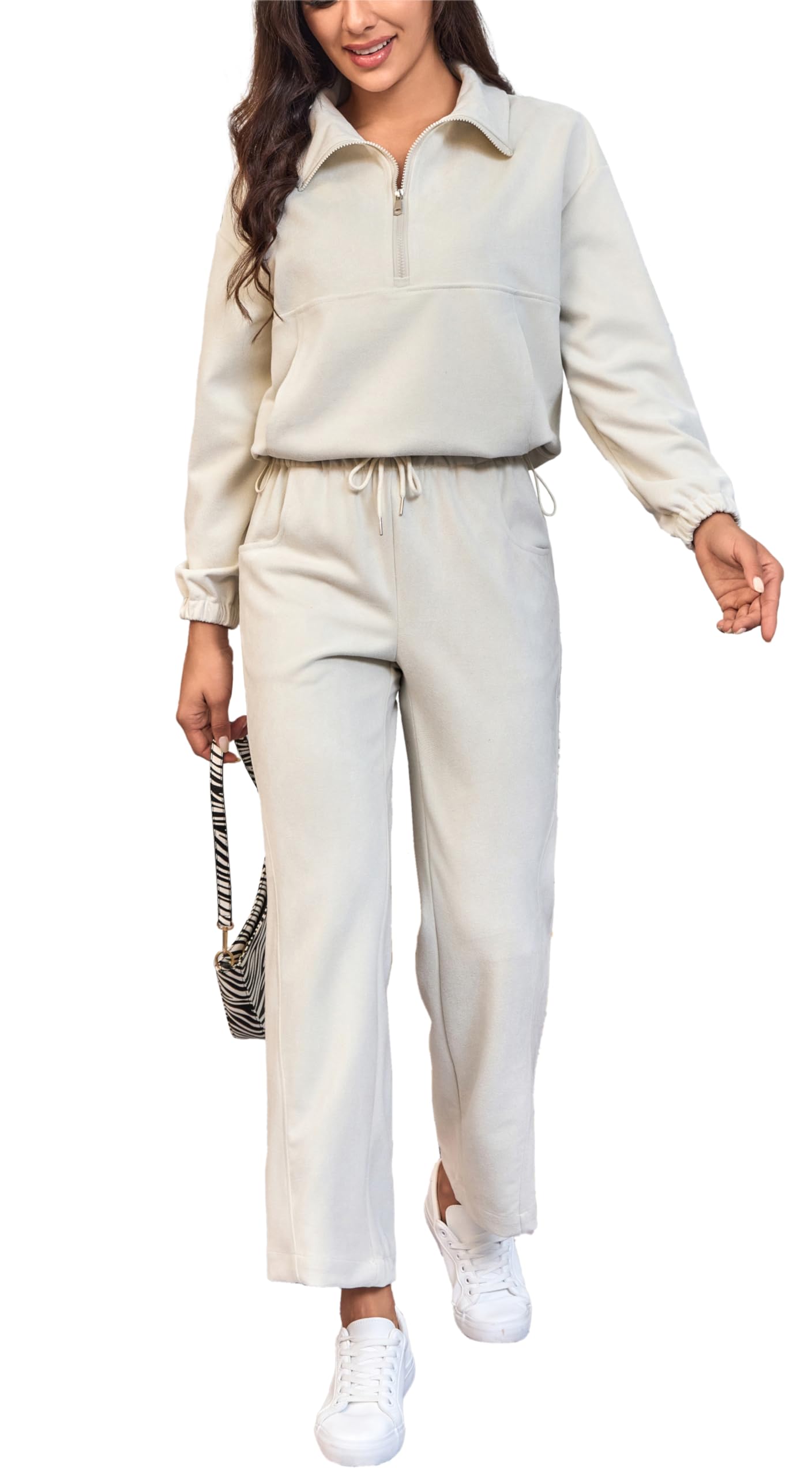 HAOZHIYU Women Clothing 2 Piece Outfits Sweatpants Sweatshirts Sets Trendy Travel Outfits Half Zip Sweat Shirts Wide Leg Pants Comfy Lounge Beige M Karis Fashions