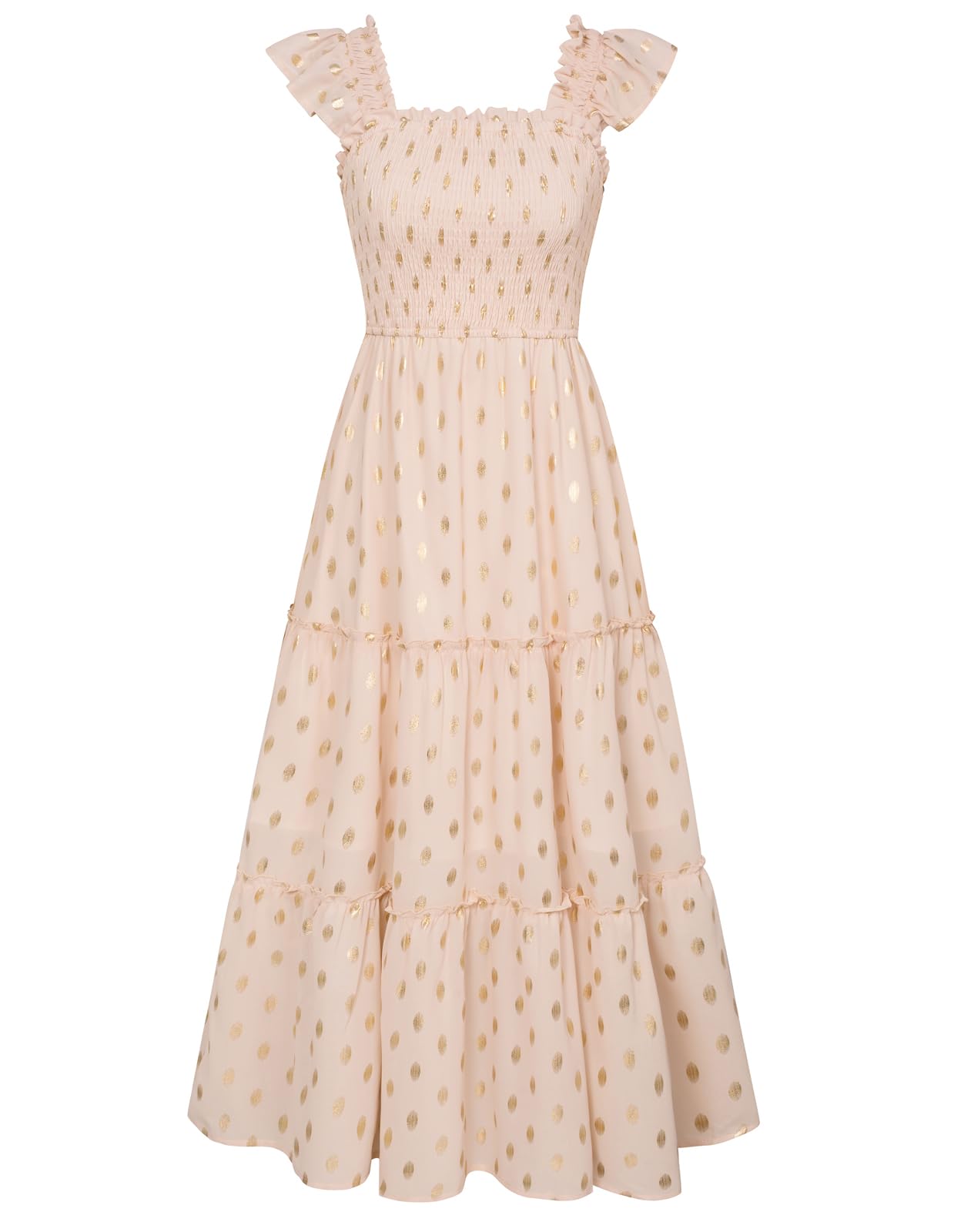 Flowy Ruffle Tiered Formal Cocktail Dress for Women Square Neck Flutter Sleeve Smocked Midi Summer Midi Party Dress Apricot S Karis Fashions